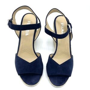 PRADA  Women's Raffia 95mm Peep-Toe Slingback Wedge Navy Sandals